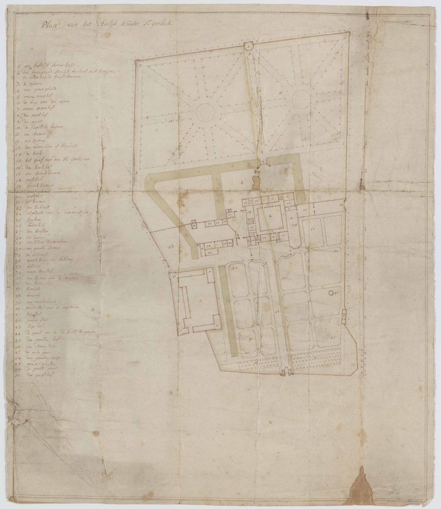 Plan van het adellijk klooster St. Gerlach uit ca 1750. Bron: Regionaal Historisch Centrum Limburg,6390911