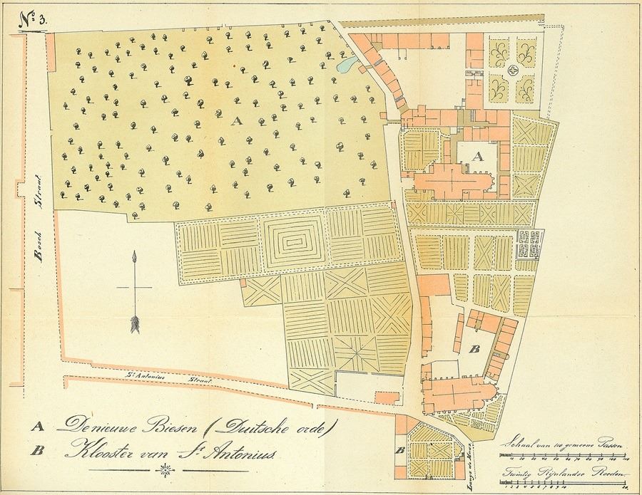 Plattegrond van twee kloosters in Maastricht ( De nieuwe Biesen (Duitse orde) en klooster van Sint Antonius) uit 1894. Bron: Regionaal Historisch Centrum Limburg, Collectie tekeningen en prenten GAM, GAM GEUSAU KLOOSTERS_KAART 3.