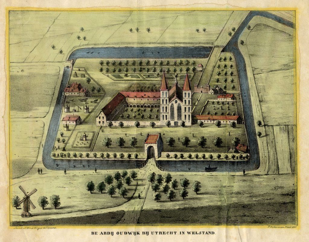 Gezicht op de abdij Oudwijk te Utrecht door C. Ostermann. Dit is een litho van P.W. van de Weijer naar een tekening van C. Ostermann uit 1839 naar de kaart van G. Braun uit ca. 1570, afkomstig uit: Van der Monde, Tijdschrift, V, uitgegeven in 1839. Bron: Het Utrechts Archief 37735-1